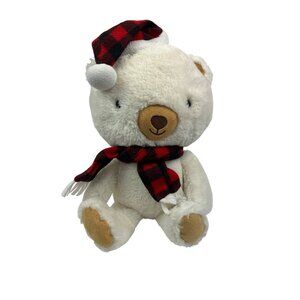 Hallmark Plush Christmas White Polar Bear Red Black Buffalo Plaid Hat Scarf